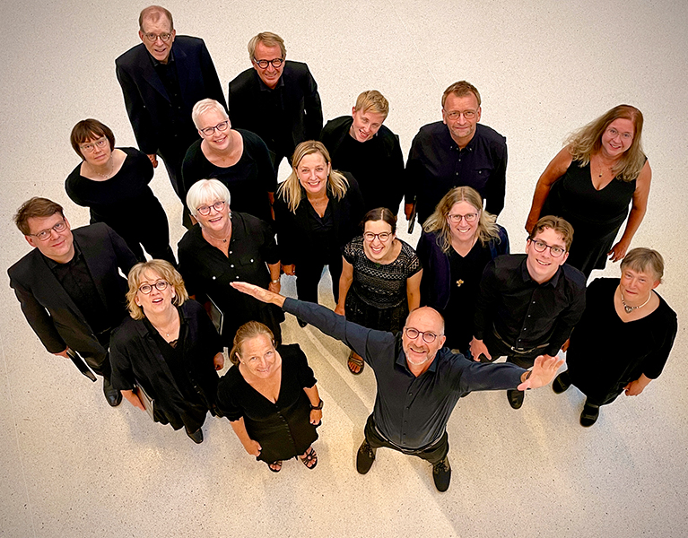 Gruppbild av Ide Vokalensemnle taget lite uppifrån